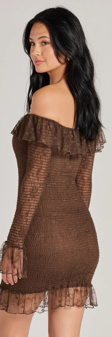 Revamp your 2025 wardrobe with this chic addition, the Dreamy Darling Off-The-Shoulder Bodycon Mini Dress in brown, perfect for elevating your style in the new year.