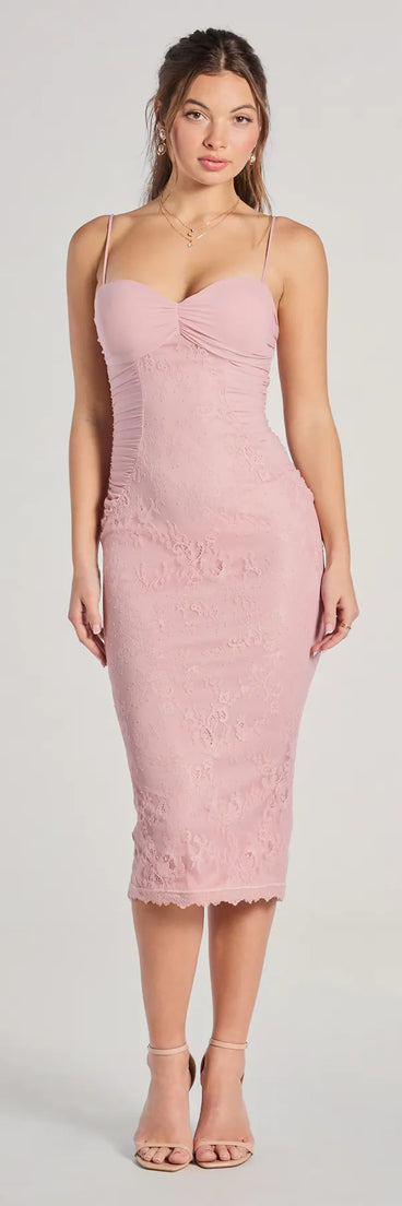 With its mid-calf hem and popular flattering fit, the In For Romance Lace Mesh Bodycon Midi Dress in pink nails the balance of trend and ease, redefining go-to midi dresses for any occasion.
