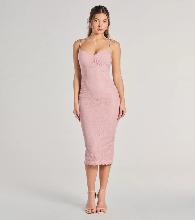 With its mid-calf hem and popular flattering fit, the In For Romance Lace Mesh Bodycon Midi Dress in pink nails the balance of trend and ease, redefining go-to midi dresses for any occasion.