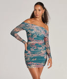 Step into winter chic with the Sweet Off-The-Shoulder Grecian Print Mini Dress, a teal mini dress featuring an above-the-knee cut ideal for cocktail parties, festive gatherings, or clubwear.
