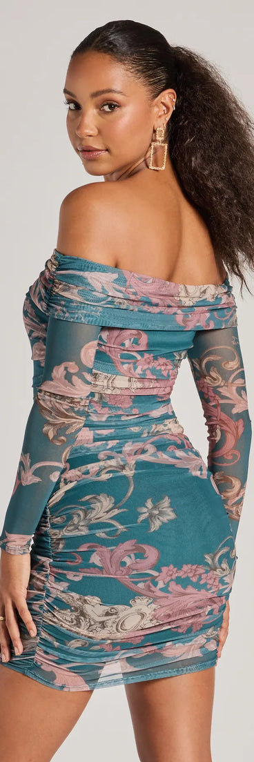 Revamp your 2025 wardrobe with this chic addition, the Sweet Off-The-Shoulder Grecian Print Mini Dress in teal, perfect for elevating your style in the new year.