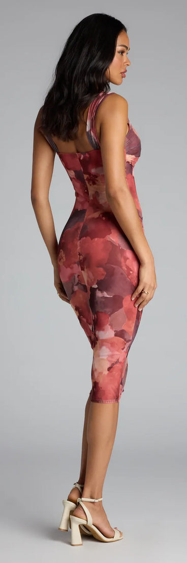 The Crush Hour Floral Bodycon Midi Dress in gray features a flattering fit and mid-calf hem, redefining effortless midi dresses for any occasion.