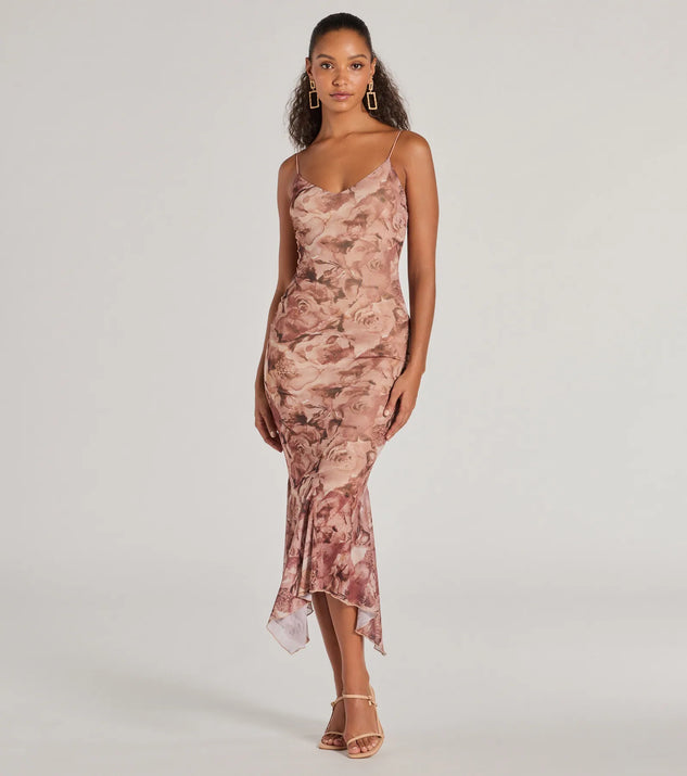 With its mid-calf hem and popular flattering fit, the Bloom With A View Floral Ruffle Midi Dress in brown nails the balance of trend and ease, redefining go-to midi dresses for any occasion.