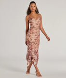 Make a bold statement in the Bloom With A View Floral Ruffle Midi Dress in brown, the perfect spring dress for weddings, cocktail hours, nights out, and/or seasonal celebrations.