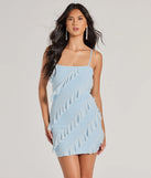 Feel confident and photo-ready in the Glitzy Cutie Rhinestone Ruffled Mesh Mini Dress, a blue graduation dress perfect for 2025 ceremonies and parties.