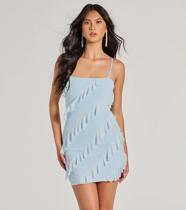 Feel confident and photo-ready in the Glitzy Cutie Rhinestone Ruffled Mesh Mini Dress, a blue graduation dress perfect for 2025 ceremonies and parties.