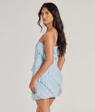 Flaunt your silhouette in the tight Glitzy Cutie Rhinestone Ruffled Mesh Mini Dress in blue, a bodycon dress that empowers your look with bold style and effortless edge.