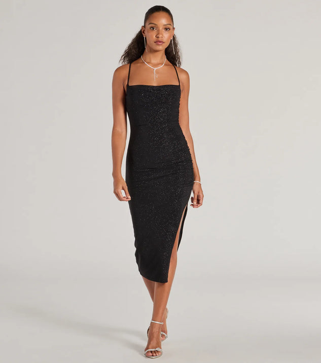 With its mid-calf hem and popular flattering fit, the Classic Glam Glitter Knit High Slit Midi Dress in black nails the balance of trend and ease, redefining go-to midi dresses for any occasion.