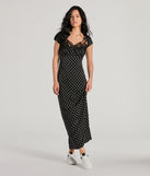 Revamp your 2025 wardrobe with this chic addition, the Whimsical Cutie Butterfly Polka Dot Satin Maxi Dress in black, perfect for elevating your style in the new year.