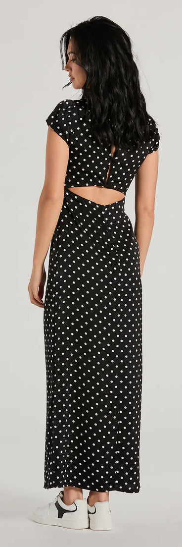Revamp your 2025 wardrobe with this chic addition, the Whimsical Cutie Butterfly Polka Dot Satin Maxi Dress in black, perfect for elevating your style in the new year.