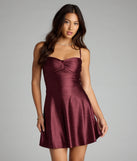 Steal the spotlight in the Twinkle Season Glitter Satin Skater Dress in wine, a fiery pick from the red homecoming dresses collection designed for bold entrances.