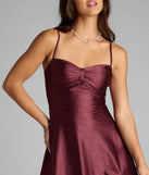 Feel ready for every dance floor moment or feed-worthy reel in the Twinkle Season Glitter Satin Skater Dress, a wine homecoming dress designed to own your moment.