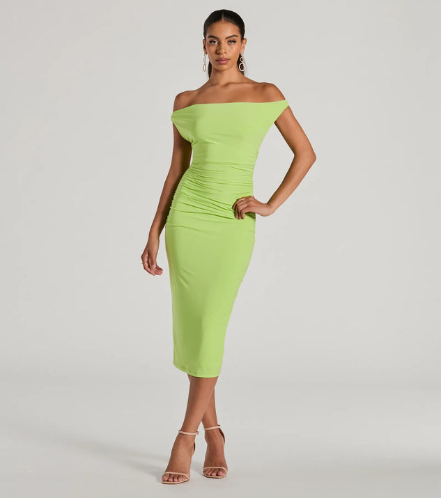 neon bodycon midi dress Neon Green Satin Cowl Neck Bodycon Midi Dress