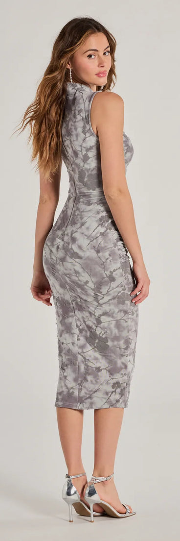 The Chic Girl Flocked Mesh Mock Neck Midi Dress in gray is a women's workwear piece offering a trendy style and unique accents, perfect for effortlessly creating an outfit-of-the-day look that transitions your office look to going-out ready.