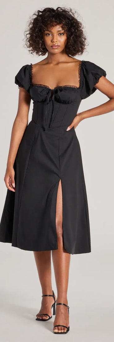 Flawless Puff Sleeve Corset Midi Dress | Windsor Flawless Puff Sleeve Corset Midi Dress | Windsor