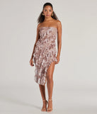 Make the big day unforgettable with the Stunning Impression Floral Ruffled Midi Dress, a gorgeous taupe bridesmaid dress that balances elegance and affordability.