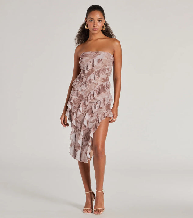 Make the big day unforgettable with the Stunning Impression Floral Ruffled Midi Dress, a gorgeous taupe bridesmaid dress that balances elegance and affordability.