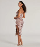 The Stunning Impression Floral Ruffled Midi Dress is a stylish taupe floral dress featuring a fresh seasonal print and flattering design, perfect for garden parties, bridal showers, graduation photoshoots, or everyday spring styling.