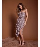 The Stunning Impression Floral Ruffled Midi Dress is a stylish taupe floral dress featuring a fresh seasonal print and flattering design, perfect for garden parties, bridal showers, graduation photoshoots, or everyday spring styling.