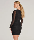 VIP Beauty Mesh Rhinestone Long Sleeve Mini Dress in black, a stunning bodycon dress with a flattering fit and feminine details, perfect for date night or girls' night out.
