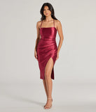 The Stylish Shine Glitter Satin Lace-Up Midi Dress in burgundy is a modern red dress featuring trendy details and a stunning design ideal for wedding guest dresses, elegant cocktail looks, or an alluring Easter dress.