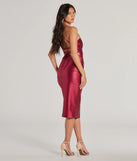 Stylish Shine Glitter Satin Lace-Up Midi Dress in burgundy , a stylish red dress with a flattering fit and fabric that adds allure to your look, perfect for wedding guest attire, cocktail events, or making a bold statement on a date night.