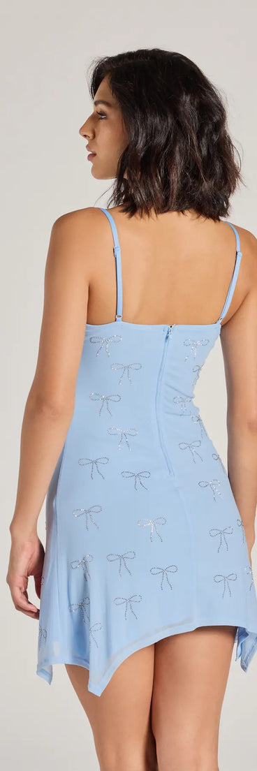 Major Flirt Rhinestone Bow A-Line Mini Dress, a trendy blue mini dress featuring modern details and a fresh seasonal hue, perfect for creating chic 2025 looks.