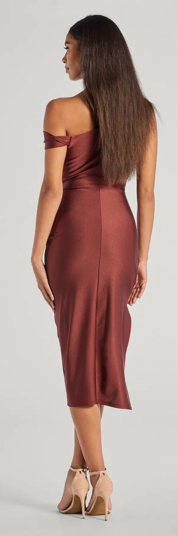 Iconic Silhouette Off-Shoulder High Slit Midi Dress in red, a stylish red dress with a flattering fit and fabric that adds allure to your look, perfect for wedding guest attire, cocktail events, or making a bold statement on a date night.