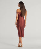 Iconic Silhouette Off-Shoulder High Slit Midi Dress in red, a stylish red dress with a flattering fit and fabric that adds allure to your look, perfect for wedding guest attire, cocktail events, or making a bold statement on a date night.
