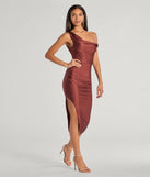 Iconic Silhouette Off-Shoulder High Slit Midi Dress in red, a stylish red dress with a flattering fit and fabric that adds allure to your look, perfect for wedding guest attire, cocktail events, or making a bold statement on a date night.