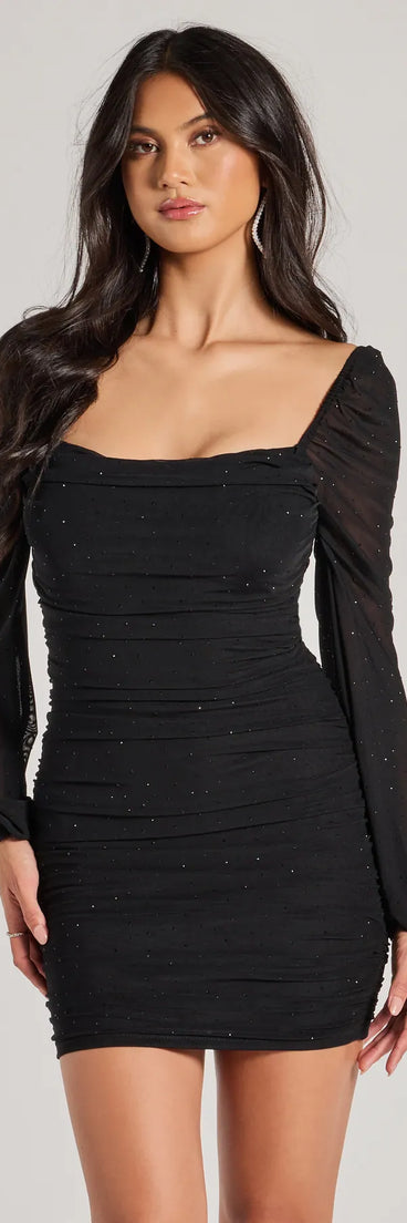 Step into seasonal chic with the Alluring Shine Rhinestone Mesh Long Sleeve Mini Dress, a brown mini dress featuring an above-the-knee cut ideal for cocktail parties, festive gatherings, or clubwear.