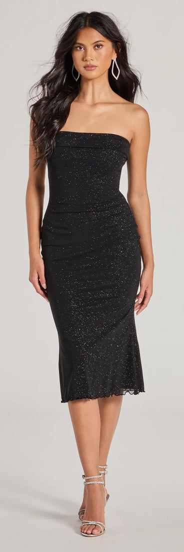Keep it classic with the Glimmering Chic Glitter Mesh Strapless Midi Dress, a feed-worthy pick from Windsor's black homecoming dress collection made to stop their scroll from pictures to the dance floor.