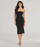 With its mid-calf hem and popular flattering fit, the Glimmering Chic Glitter Mesh Strapless Midi Dress in black nails the balance of trend and ease, redefining go-to midi dresses for any occasion.
