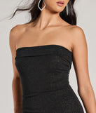 Make a bold statement in the Glimmering Chic Glitter Mesh Strapless Midi Dress in black, the perfect spring dress for weddings, cocktail hours, nights out, and/or seasonal celebrations.