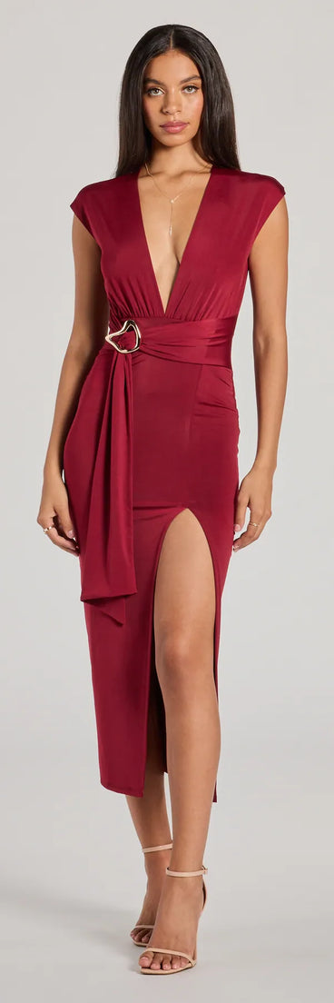 The midi dress length on the Chic Example V-Neck Belted Slit Midi Dress provides an elevated silhouette perfect for any party, occasion, or everyday styling.