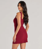 Chic Details Square Neck Bodycon Mini Dress in burgundy , a stylish red dress with a flattering fit and fabric that adds allure to your look, perfect for wedding guest attire, cocktail events, or making a bold statement on a date night.