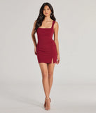 Make a bold statement in the Chic Details Square Neck Bodycon Mini Dress in burgundy, the perfect spring dress for weddings, cocktail hours, nights out, and/or seasonal celebrations.