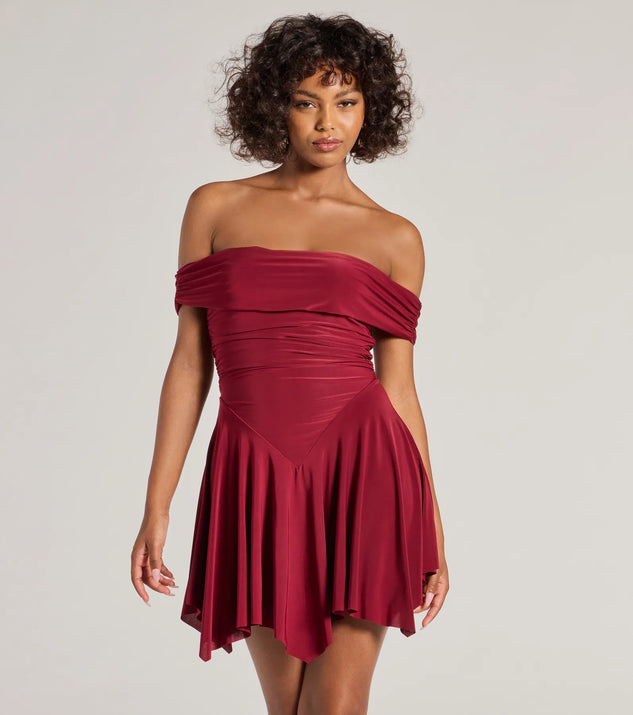 The Be With You Off-The-Shoulder Skater Dress is a mini dress that will make a statement with its short hemline and on-trend details to have you ready for any event!