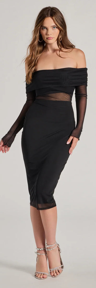 Revamp your 2025 wardrobe with this chic addition, the Alluring Style Sheer Mesh Off-The-Shoulder Midi Dress in black, perfect for elevating your style in the new year.