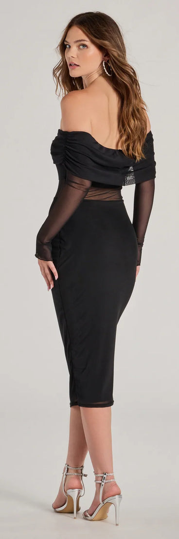 Revamp your 2025 wardrobe with this chic addition, the Alluring Style Sheer Mesh Off-The-Shoulder Midi Dress in black, perfect for elevating your style in the new year.