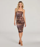 Celebrate the special day in the Chic Abstract Floral Ruched Mesh Midi Dress, a brown country wedding guest dress with soft, romantic details that blend charm and sophistication.