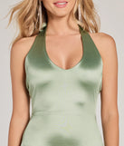 Step into Prom 2025 in a sage green prom dress, where unique Windsor accents and the standout Celebrate Love Halter V-Neck Bodycon Satin Midi Dress style come together.