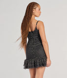 Flaunt your silhouette in the tight Sparkly Night Polka Dot Glitter Mesh Mini Dress in black, a bodycon dress that empowers your look with bold style and effortless edge.