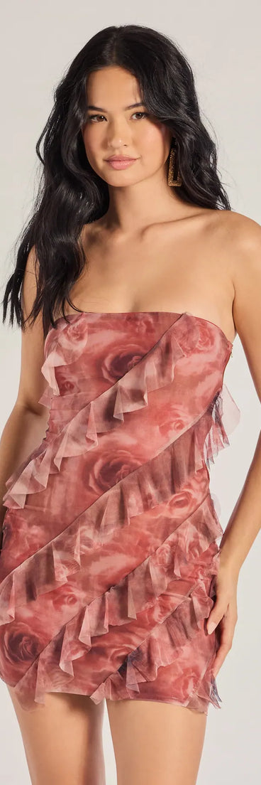 Own every entrance in the Blooming Floral Print Ruffled Mesh Mini Dress, a red party dress perfect for milestone birthdays and grad parties, or dancing through summer nights and unforgettable bachelorette celebrations.