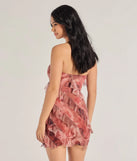 Blooming Floral Print Ruffled Mesh Mini Dress in red , a stylish red dress with a flattering fit and fabric that adds allure to your look, perfect for wedding guest attire, cocktail events, or making a bold statement on a date night.