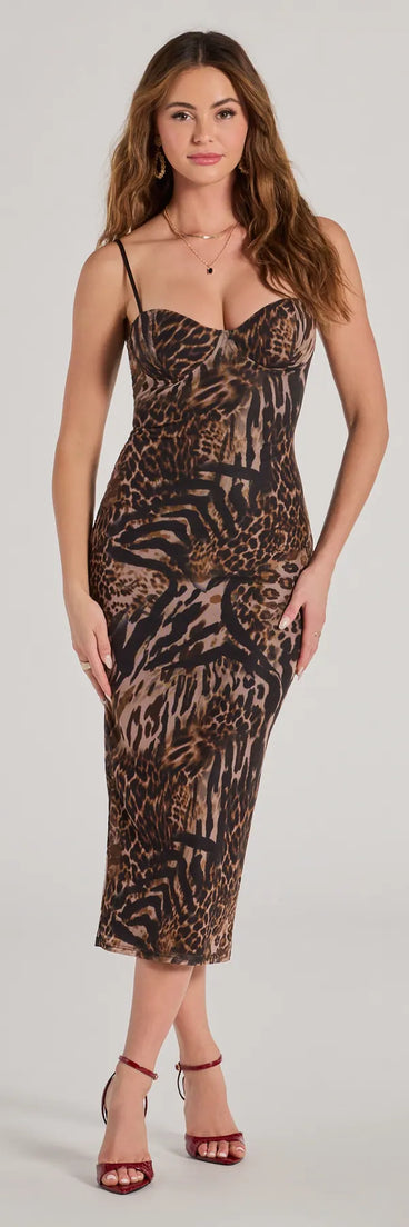 Revamp your 2025 wardrobe with this chic addition, the Sultry Leopard Print Mesh Lace-Up Midi Dress in brown, perfect for elevating your style in the new year.