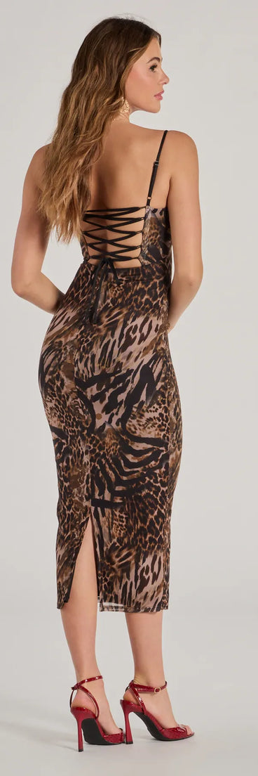 Revamp your 2025 wardrobe with this chic addition, the Sultry Leopard Print Mesh Lace-Up Midi Dress in brown, perfect for elevating your style in the new year.