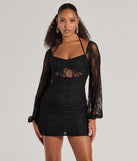 Step into seasonal chic with the Here To Allure Sheer Lace Long Sleeve Mini Dress, a sea foam mini dress featuring an above-the-knee cut ideal for cocktail parties, festive gatherings, or clubwear.