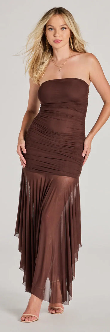 Revamp your 2025 wardrobe with this chic addition, the Sheer Perfection Ruched Maxi Mesh Tube Dress in brown, perfect for elevating your style in the new year.