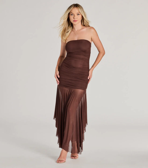Revamp your 2025 wardrobe with this chic addition, the Sheer Perfection Ruched Maxi Mesh Tube Dress in brown, perfect for elevating your style in the new year.